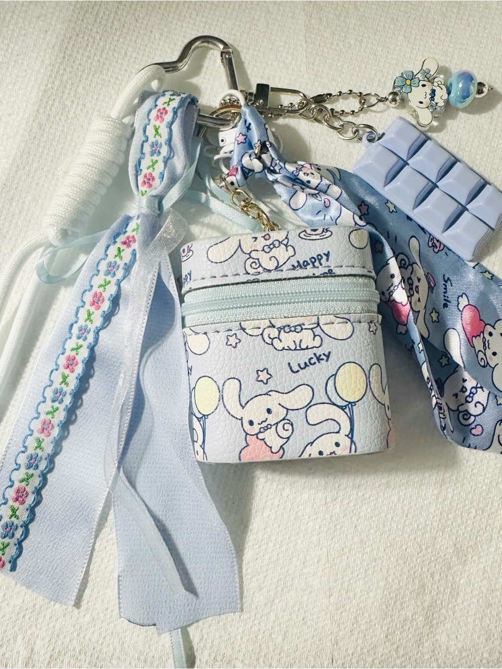 Cute Pastel Blue Keychain Pouch with Ribbon Charms
